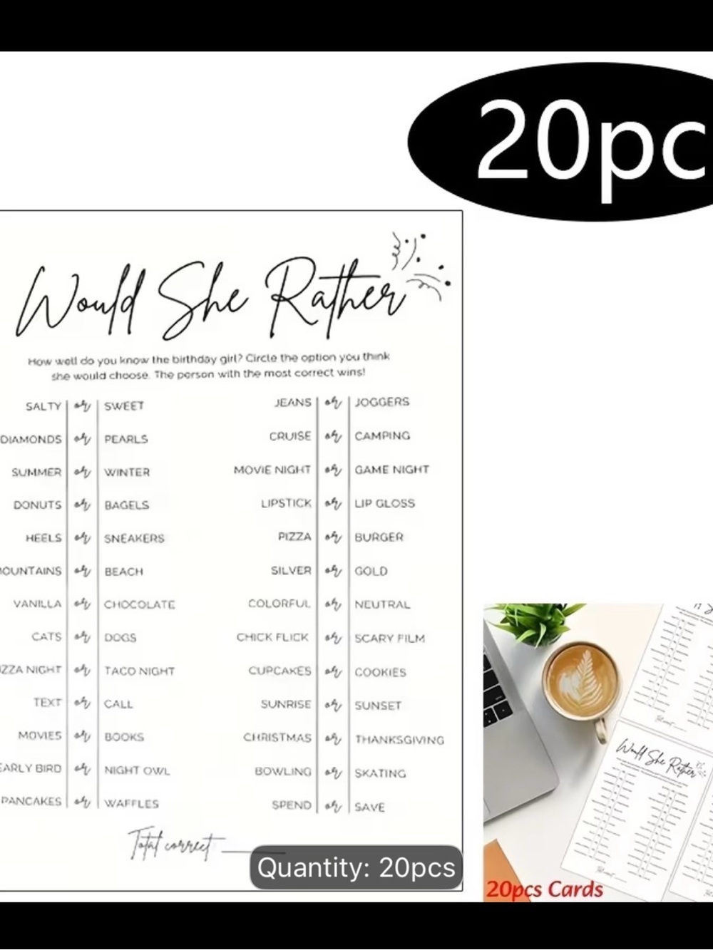 Would She Rather? Women’s birthday Party Game Cards - White